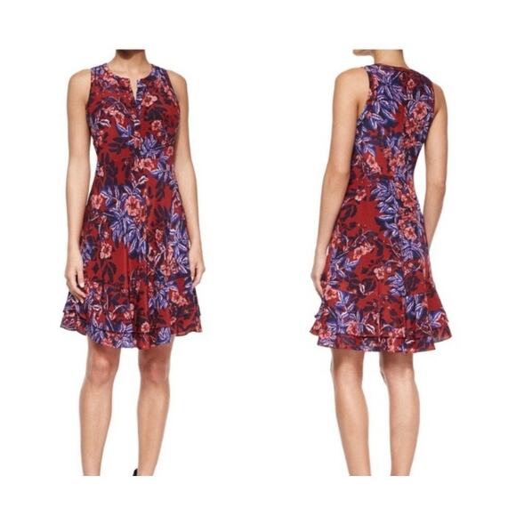 Rebecca Taylor 100% Silk Floral Mini Dress US 2 Red Blue Feminine Party Preppy - Picture 1 of 16